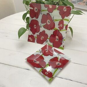 Set of 2 Poppies Garden Printed Decorative Glass Plates Platters Trinket Trays